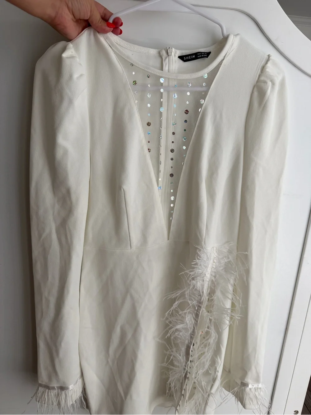 SHEIN White Long Sleeve Dress with Sequin Mesh & Feather Trim